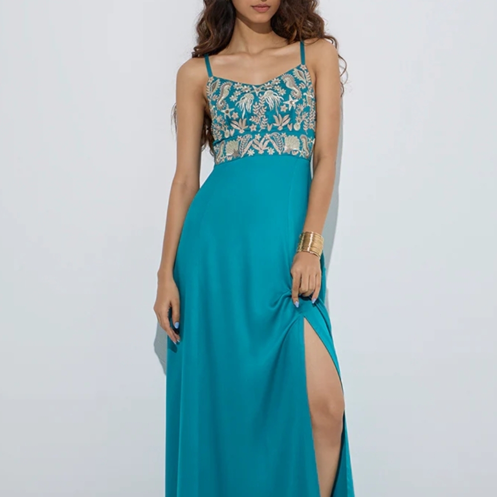 Blue Spaghetti Strap Maxi Dress for Prom